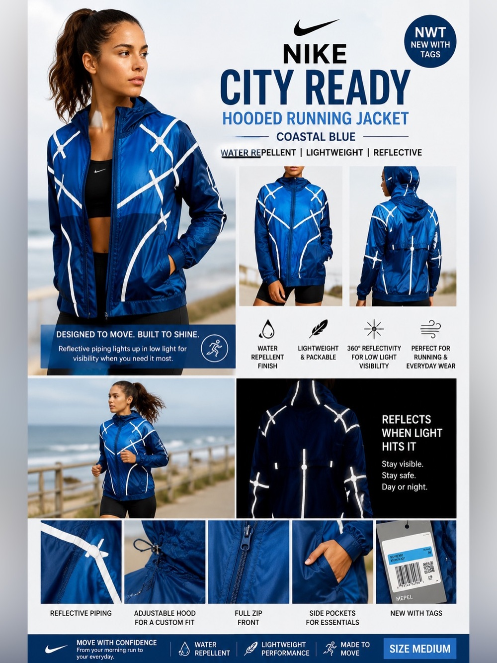 NIKE CITY READY HOODED RUNNING JACKET  COASTAL BLUE water repellent Medium NWT